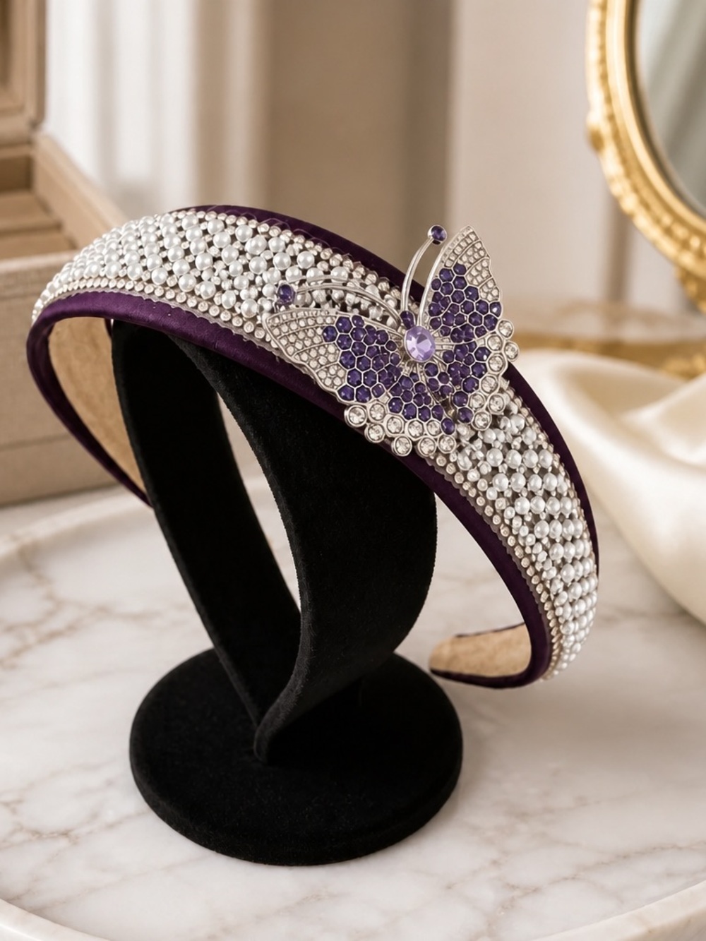 Pearl and Purple Butterfly Padded Headband